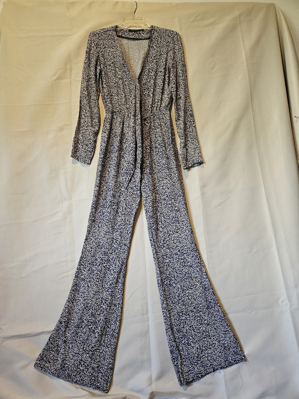Zara Navy & White Printed Long-Sleeve Tie-Waist Jumpsuit